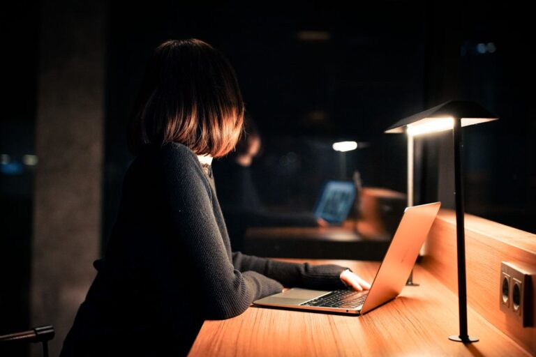 Persona che lavora al portatile la sera a casa, concetto di lavori online per arrotondare